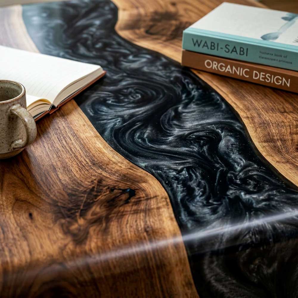 Custom Black Epoxy Resin Coffee Table – Solid Walnut Wood Waterfall Design | ECT-357 - Elitecustomtable