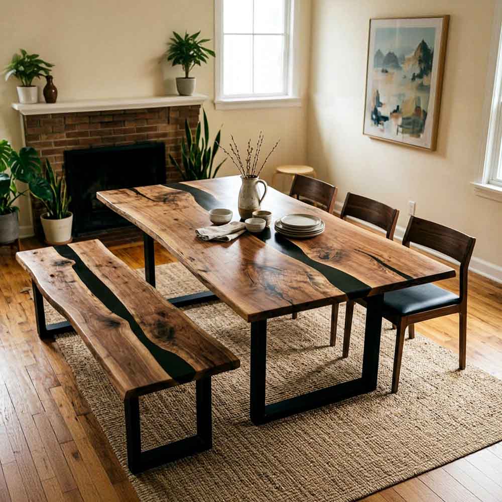 Custom Black Epoxy Resin Dining Table – 100% Solid Walnut | ECT-334 - Elitecustomtable