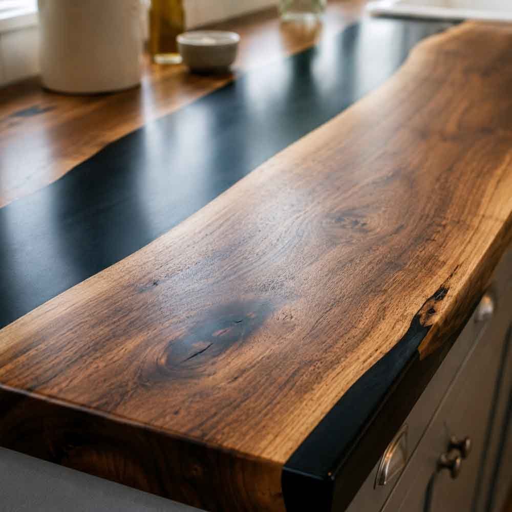 Custom Black Epoxy Resin Kitchen Countertop – 100% Solid Walnut | ECT-328 - Elitecustomtable