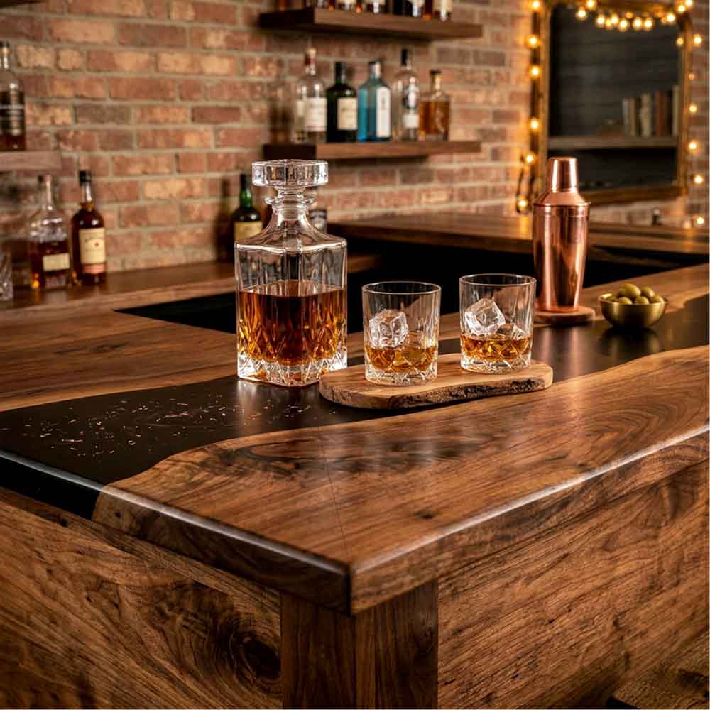 Custom Black Epoxy Resin Kitchen Island Countertop – 100% Solid Walnut | ECT-341 - Elitecustomtable