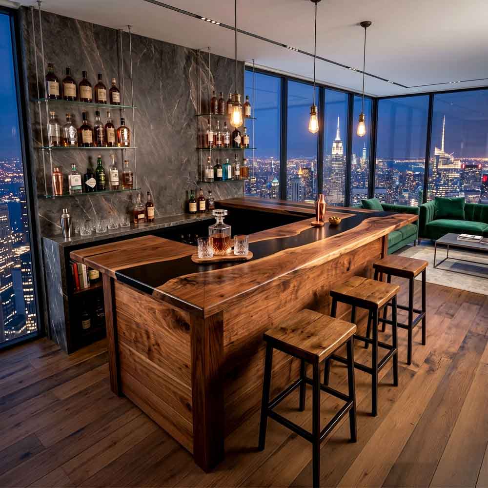 Custom Black Epoxy Resin Kitchen Island Countertop – 100% Solid Walnut | ECT-341 - Elitecustomtable