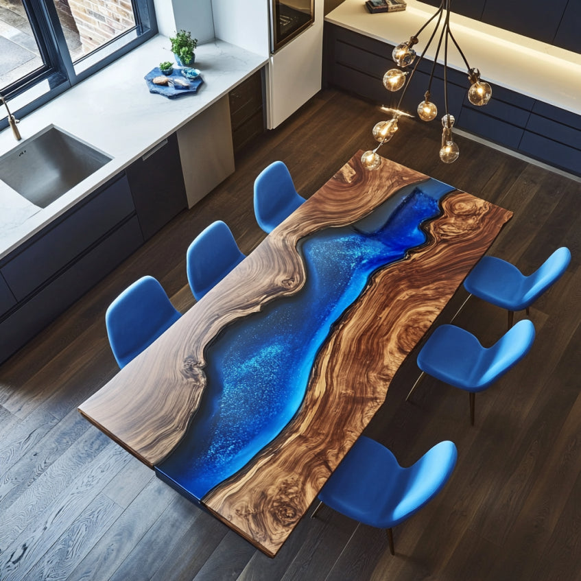 Custom Black Walnut Blue Resin River Table