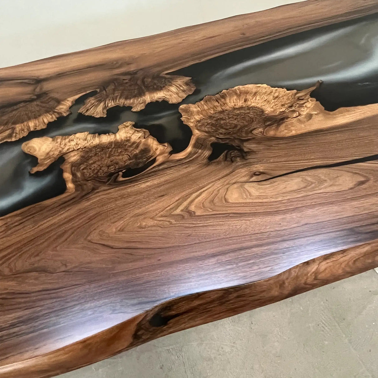 Custom Black Walnut Executive Office Desk with Translucent Black Epoxy Resin and Bevel Edge | ECT-360 - Elitecustomtable