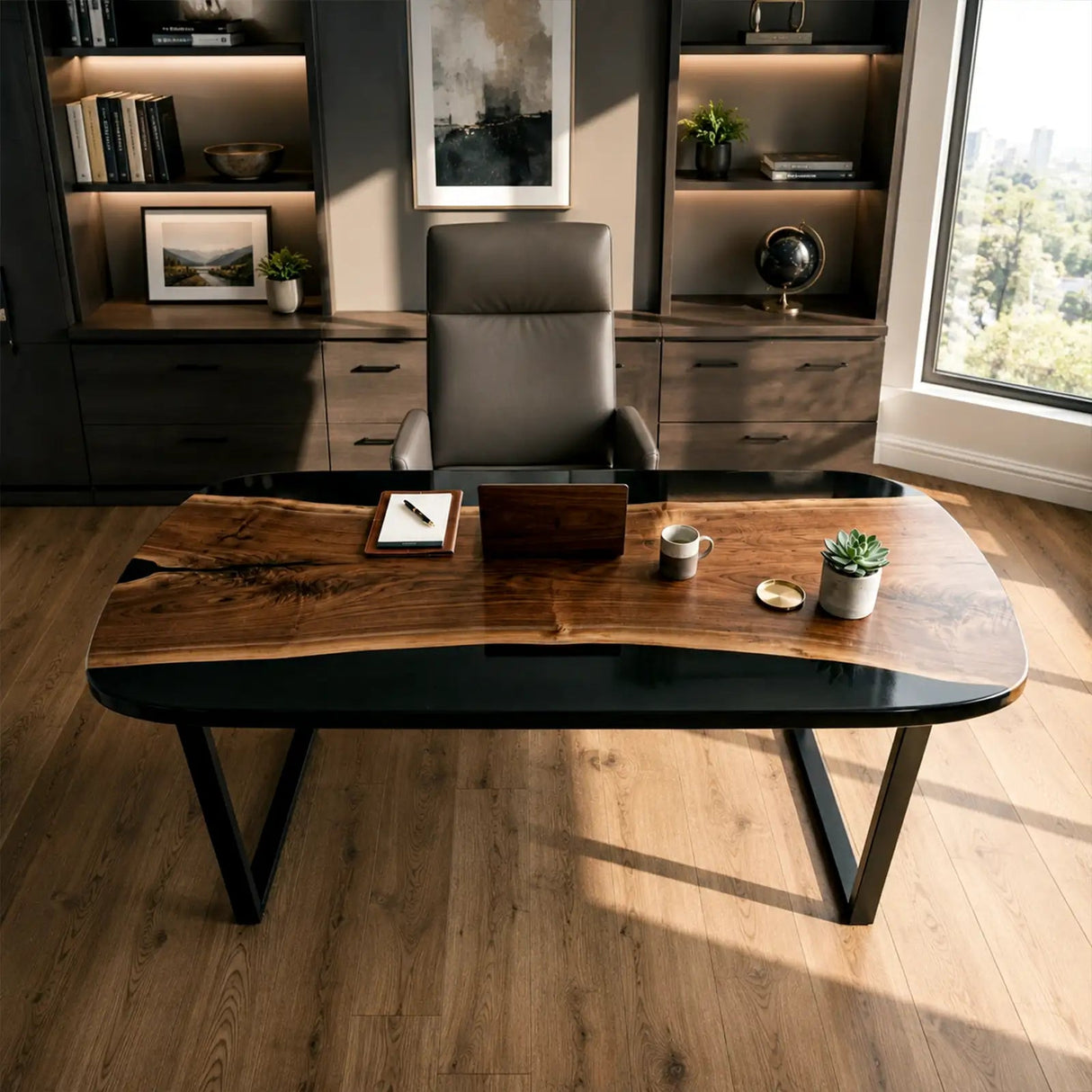 Custom Black Walnut Office Desk with Black Epoxy Resin Straight Edge | ECT-364 - Elitecustomtable
