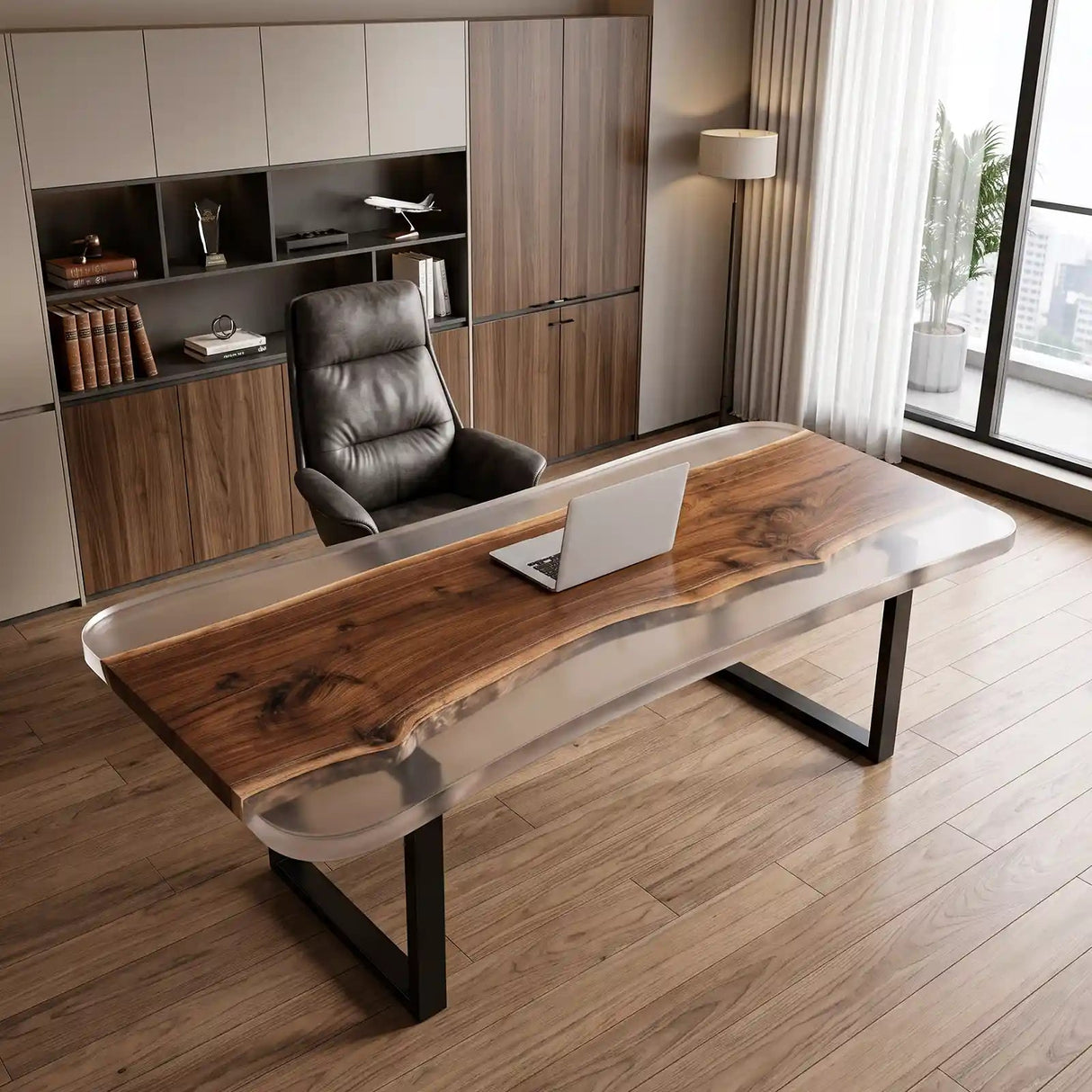 Custom Black Walnut Office Desk with Crystal Clear Epoxy Resin | ECT-367 - Elitecustomtable