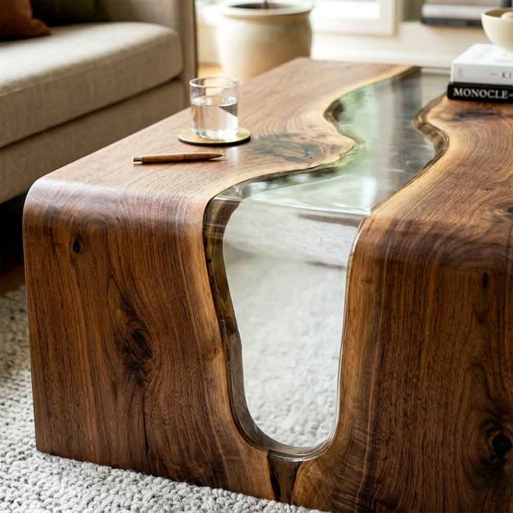 Custom Clear Epoxy Resin Coffee Table – 100% Solid Walnut Wood | ECT-353 - Elitecustomtable