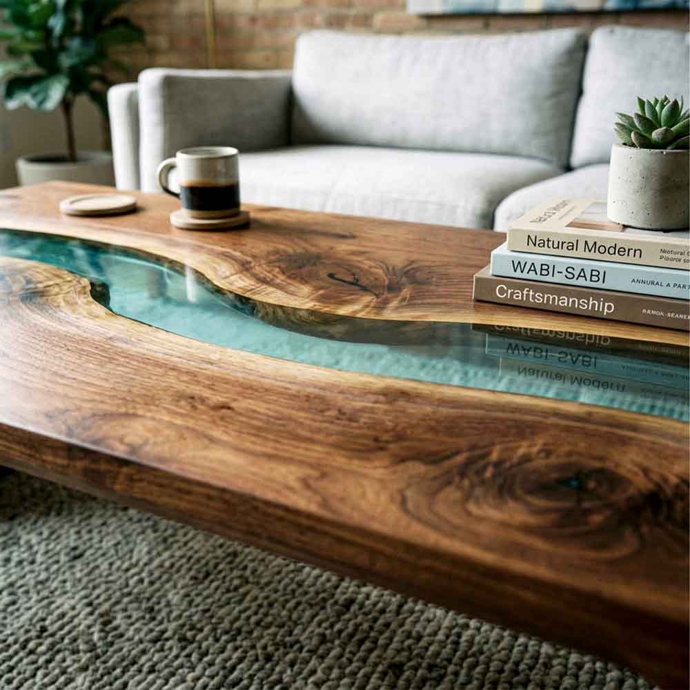 Custom Clear Epoxy Resin Coffee Table – 100% Solid Walnut Wood | ECT-353 - Elitecustomtable