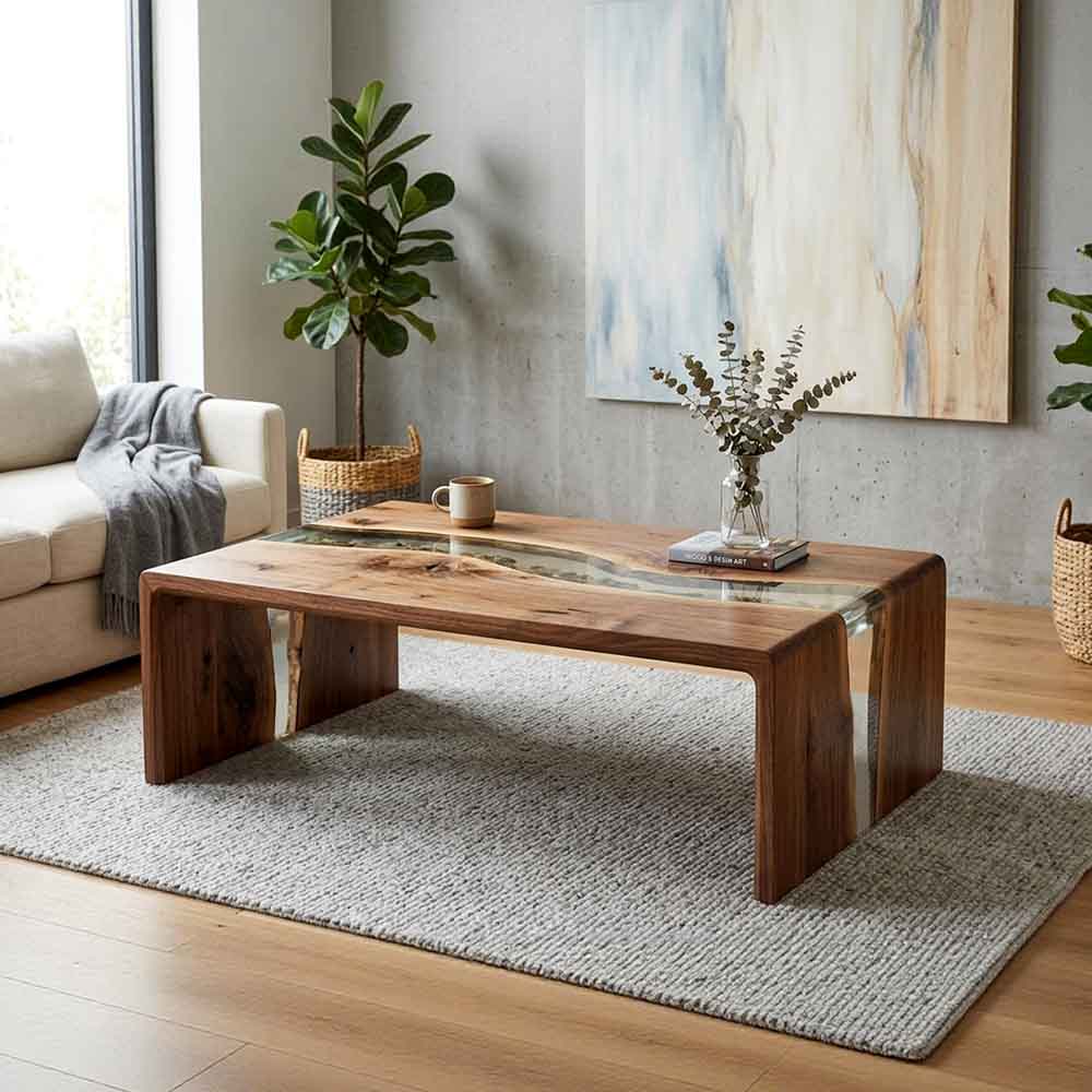 Custom Clear Epoxy Resin Coffee Table – 100% Solid Walnut Wood | ECT-355 - Elitecustomtable