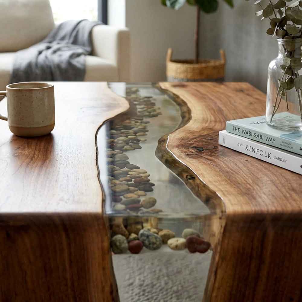 Custom Clear Epoxy Resin Coffee Table – 100% Solid Walnut Wood | ECT-355 - Elitecustomtable