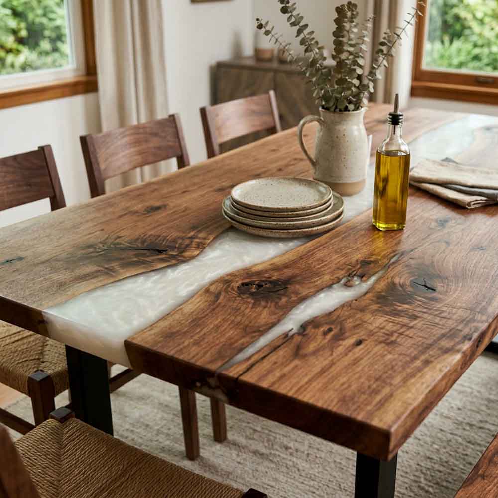 Custom Crystal Clear Epoxy Resin Dining Table – 100% Solid Walnut | ECT-335 - Elitecustomtable