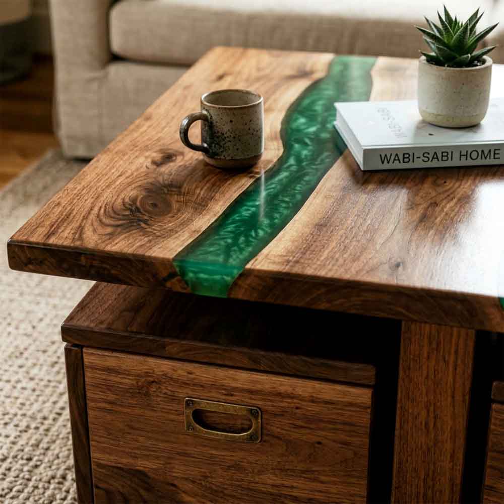 Custom Emerald Green Epoxy Resin Coffee Table – 100% Solid Walnut | ECT-349 - Elitecustomtable
