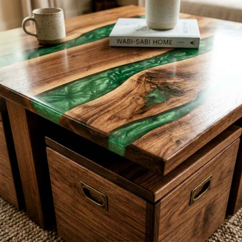 Custom Emerald Green Epoxy Resin Coffee Table – 100% Solid Walnut | ECT-349 - Elitecustomtable
