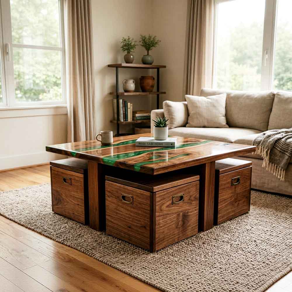 Custom Emerald Green Epoxy Resin Coffee Table – 100% Solid Walnut | ECT-349 - Elitecustomtable