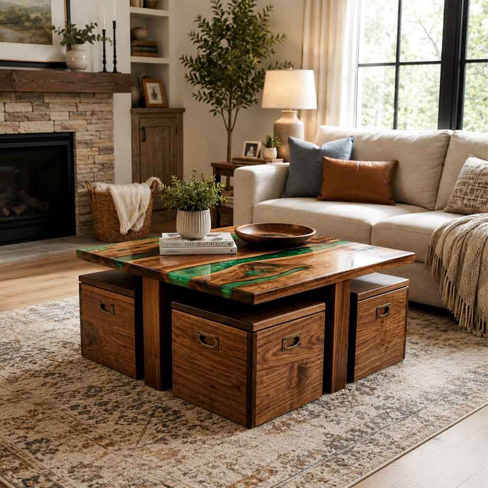 Custom Emerald Green Epoxy Resin Coffee Table – 100% Solid Walnut | ECT-349 - Elitecustomtable