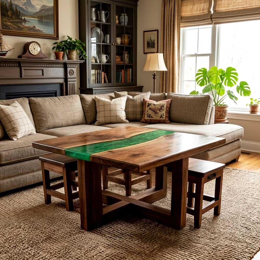 Custom Emerald Green Epoxy Resin Coffee Table – 100% Solid Walnut | ECT-352 - Elitecustomtable