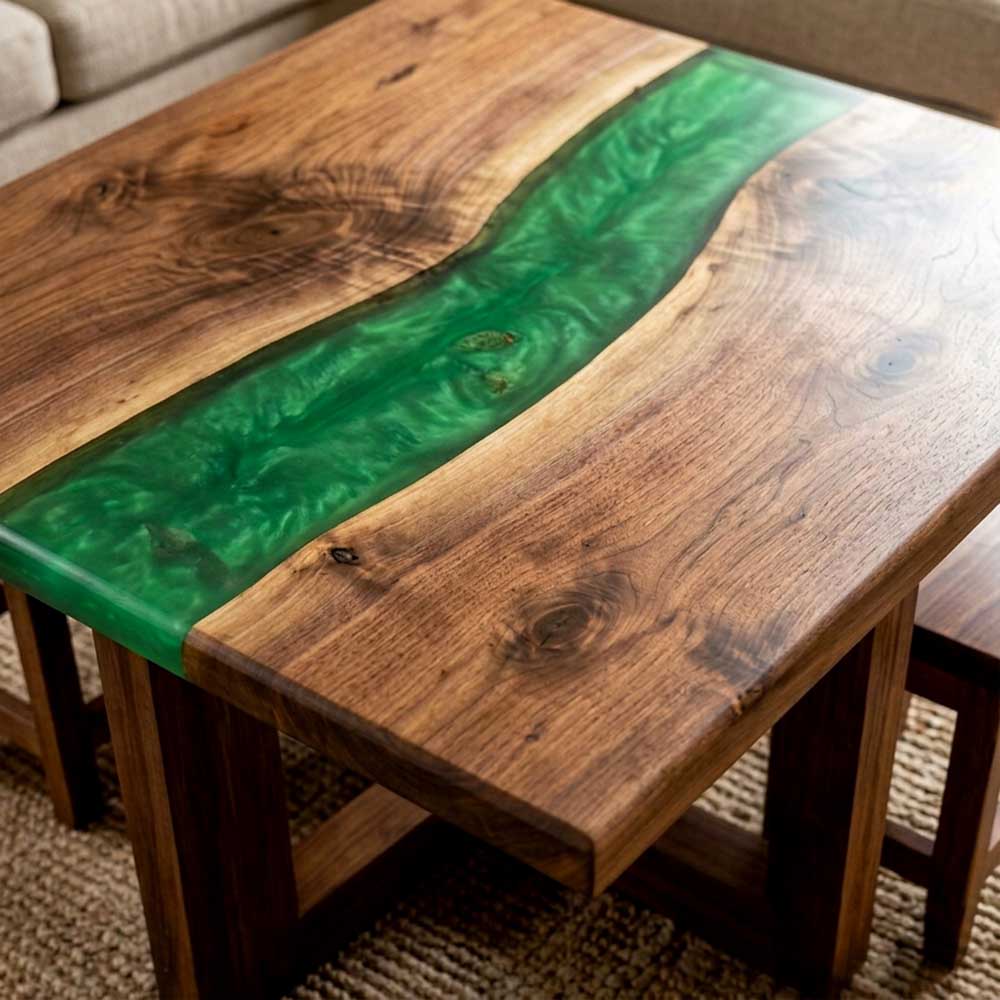 Custom Emerald Green Epoxy Resin Coffee Table – 100% Solid Walnut | ECT-352 - Elitecustomtable