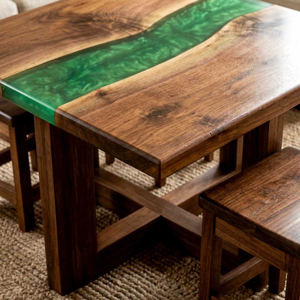 Custom Emerald Green Epoxy Resin Coffee Table – 100% Solid Walnut | ECT-352 - Elitecustomtable