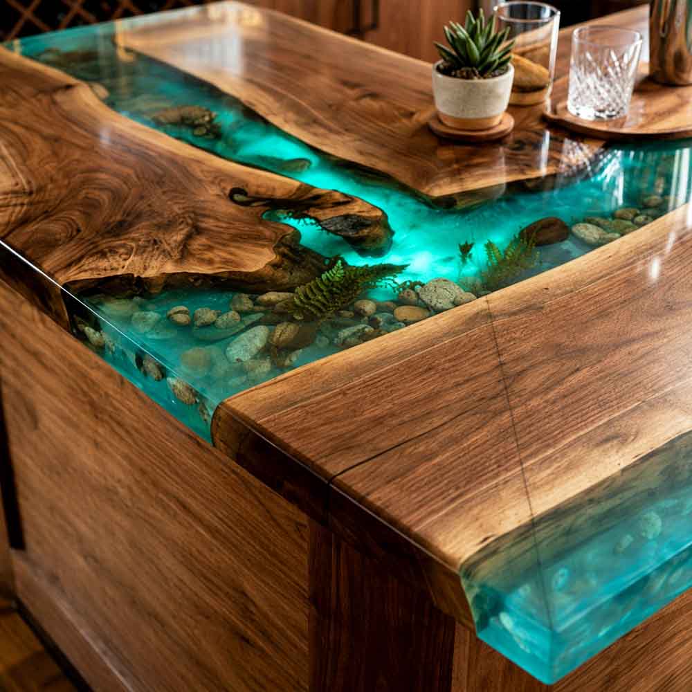 Custom Emerald Green Epoxy Resin Kitchen Island Countertop – 100% Solid Walnut | ECT-342 - Elitecustomtable