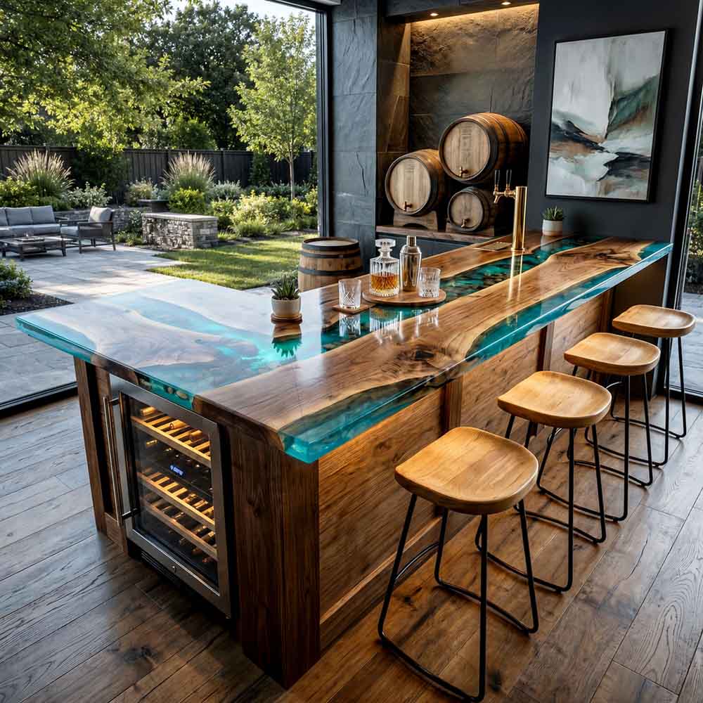 Custom Emerald Green Epoxy Resin Kitchen Island Countertop – 100% Solid Walnut | ECT-342 - Elitecustomtable