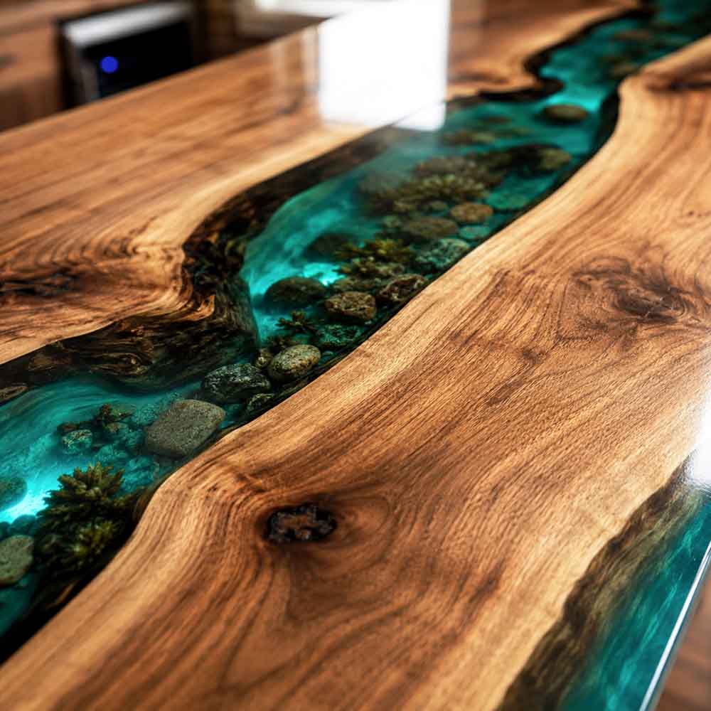 Custom Emerald Green Epoxy Resin Kitchen Island Countertop – 100% Solid Walnut | ECT-342 - Elitecustomtable