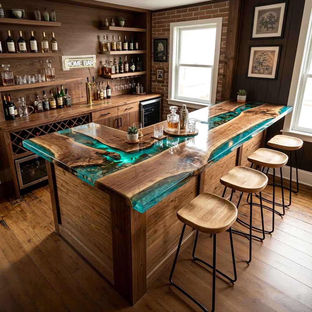 Custom Emerald Green Epoxy Resin Kitchen Island Countertop – 100% Solid Walnut | ECT-342 - Elitecustomtable