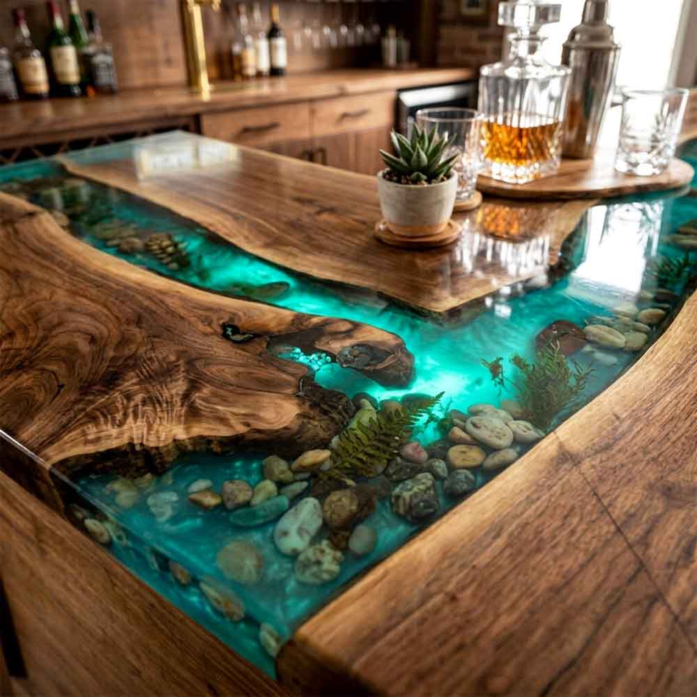 Custom Emerald Green Epoxy Resin Kitchen Island Countertop – 100% Solid Walnut | ECT-342 - Elitecustomtable