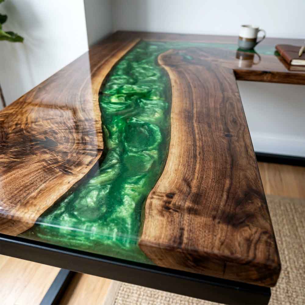 Custom Emerald Green Epoxy Resin L-Shaped Desk – 100% Solid Walnut | ECT-331 - Elitecustomtable