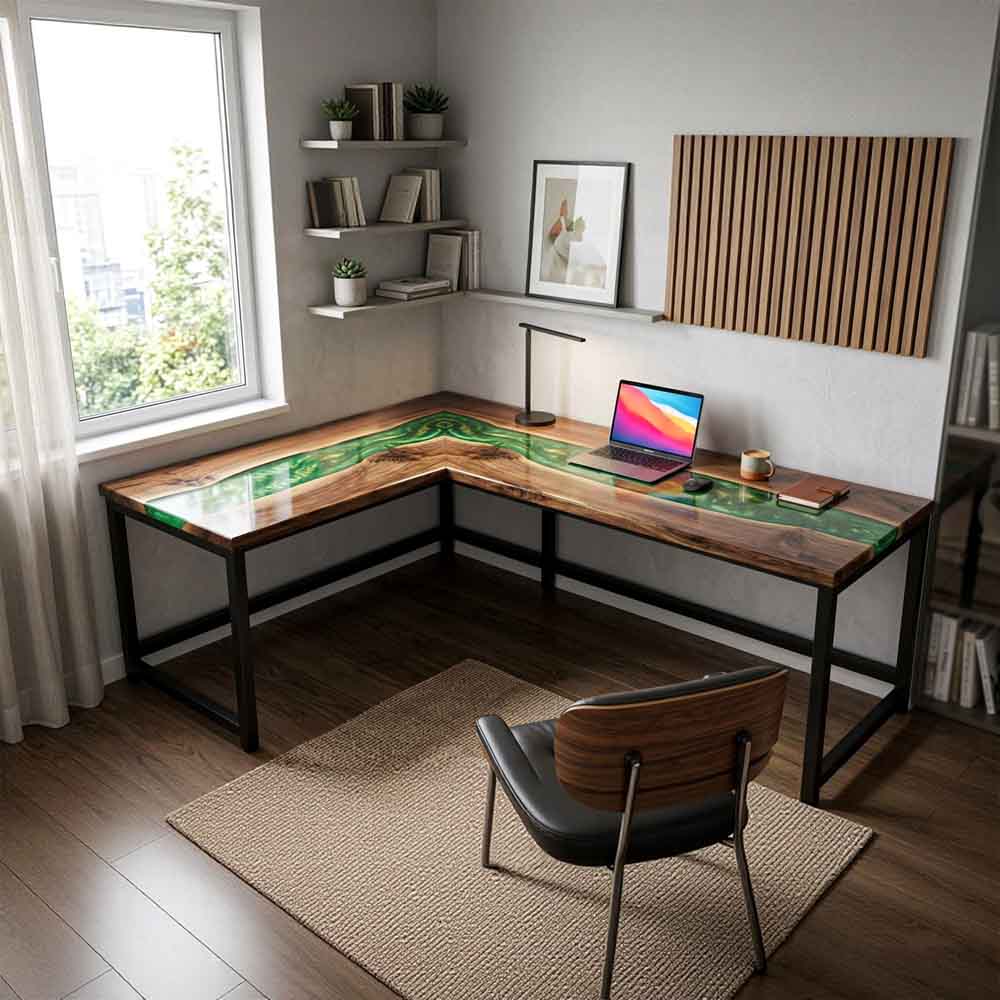 Custom Emerald Green Epoxy Resin L-Shaped Desk – 100% Solid Walnut | ECT-331 - Elitecustomtable