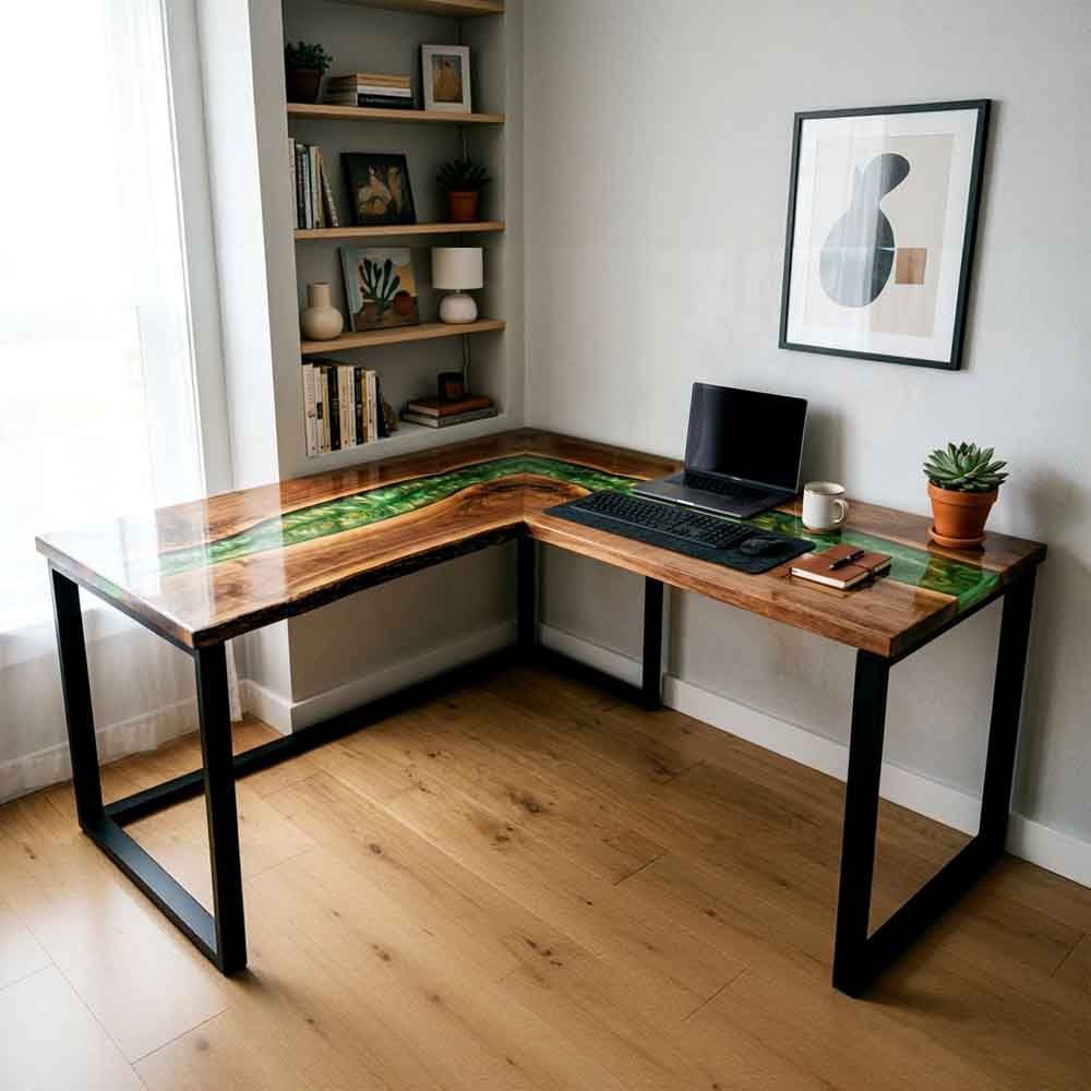 Custom Emerald Green Epoxy Resin L-Shaped Desk – 100% Solid Walnut | ECT-331 - Elitecustomtable