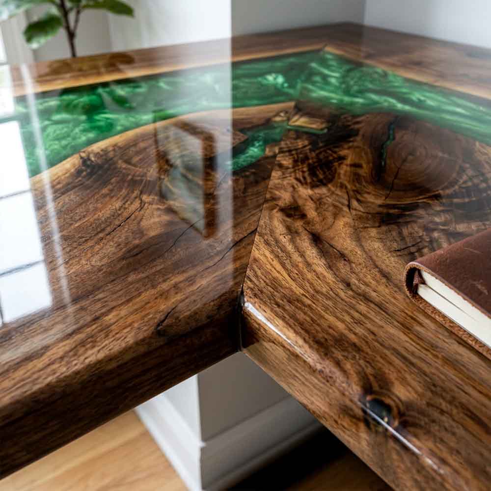 Custom Emerald Green Epoxy Resin L-Shaped Desk – 100% Solid Walnut | ECT-331 - Elitecustomtable