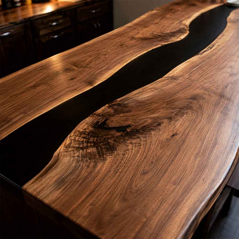 Custom Live Edge Black Epoxy Resin Kitchen Island Countertop – 100% Solid Walnut | ECT-339 - Elitecustomtable