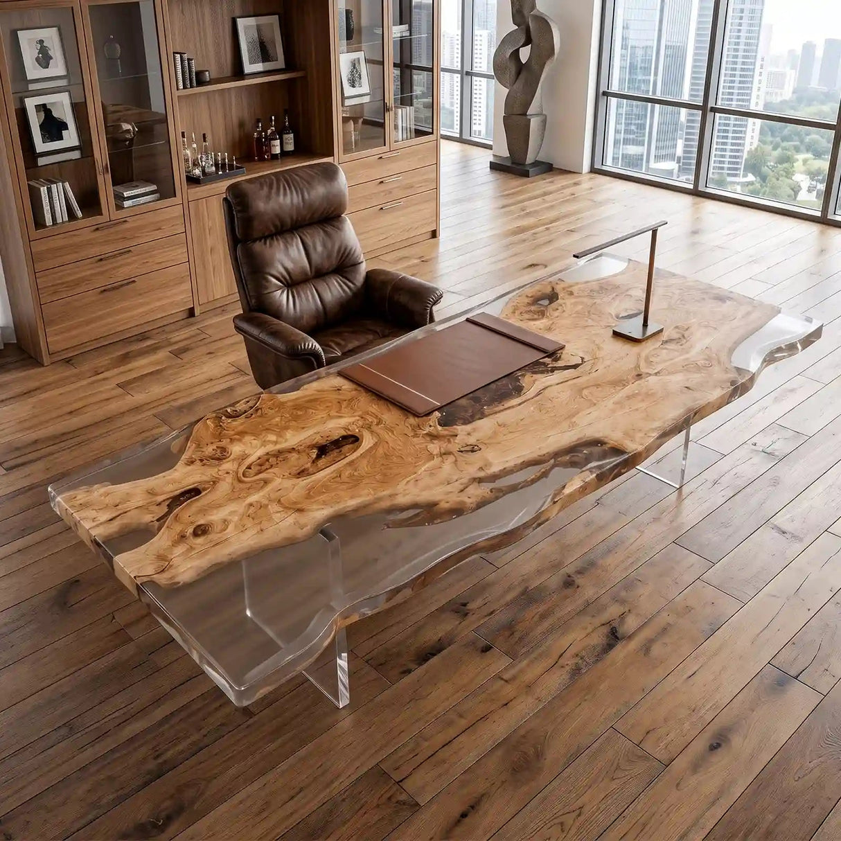 Custom Live Edge Poplar Office Desk with Crystal Clear Epoxy Resin | ECT-365 - Elitecustomtable