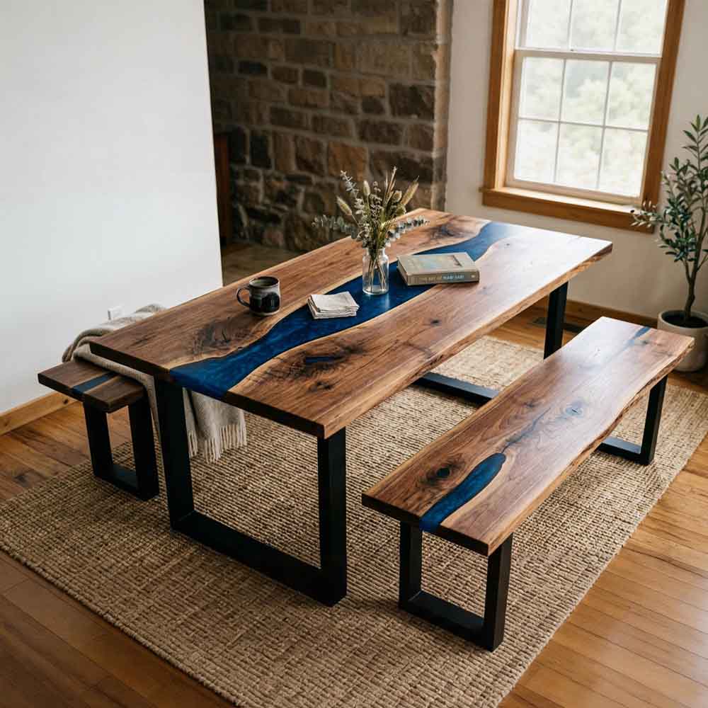 Custom Ocean Epoxy Resin Dining Table – 100% Solid Walnut | ECT-333 - Elitecustomtable