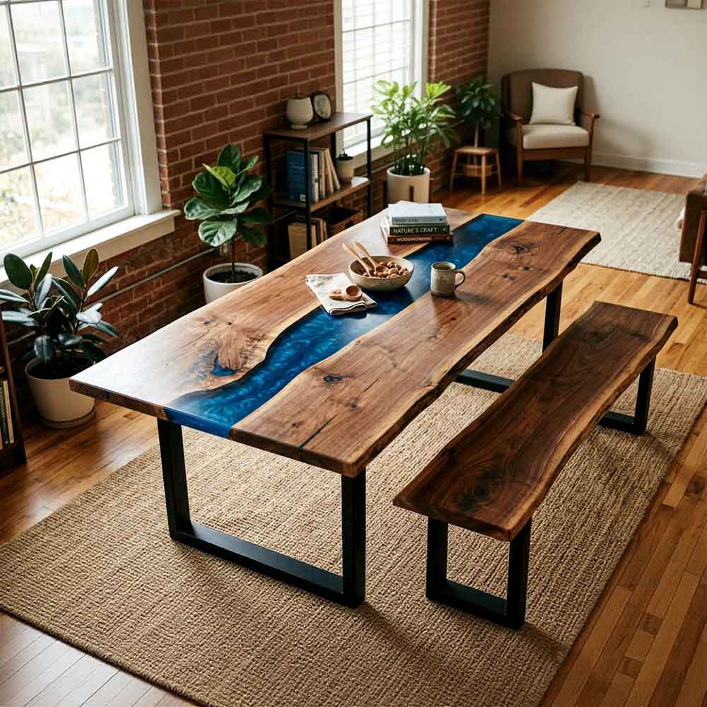 Custom Ocean Epoxy Resin Dining Table – 100% Solid Walnut | ECT-333 - Elitecustomtable
