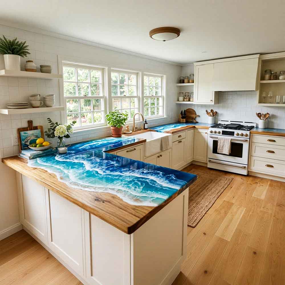 Custom Ocean Epoxy Resin Kitchen Countertop – 100% Solid Walnut | ECT-327 - Elitecustomtable