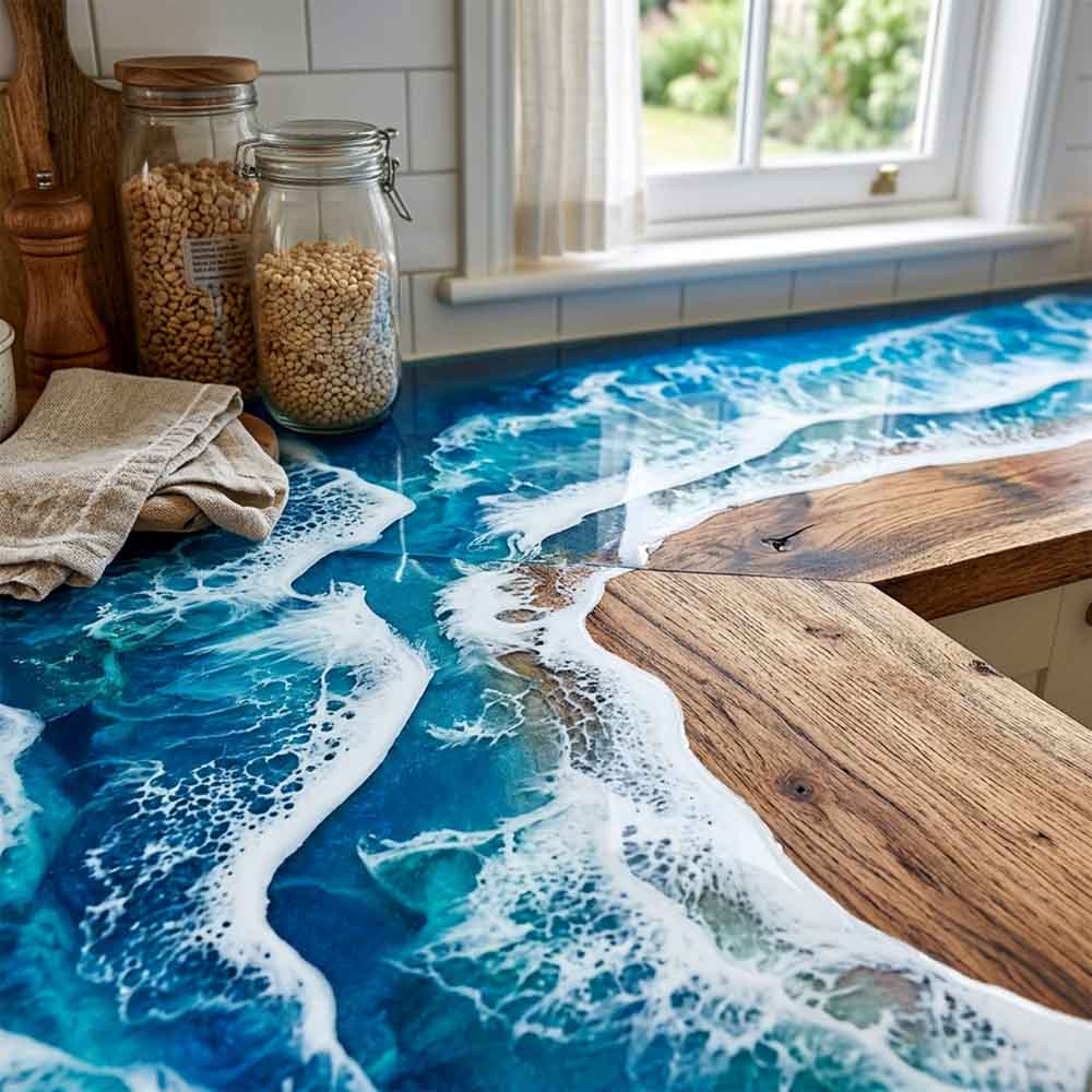 Custom Ocean Epoxy Resin Kitchen Countertop – 100% Solid Walnut | ECT-327 - Elitecustomtable