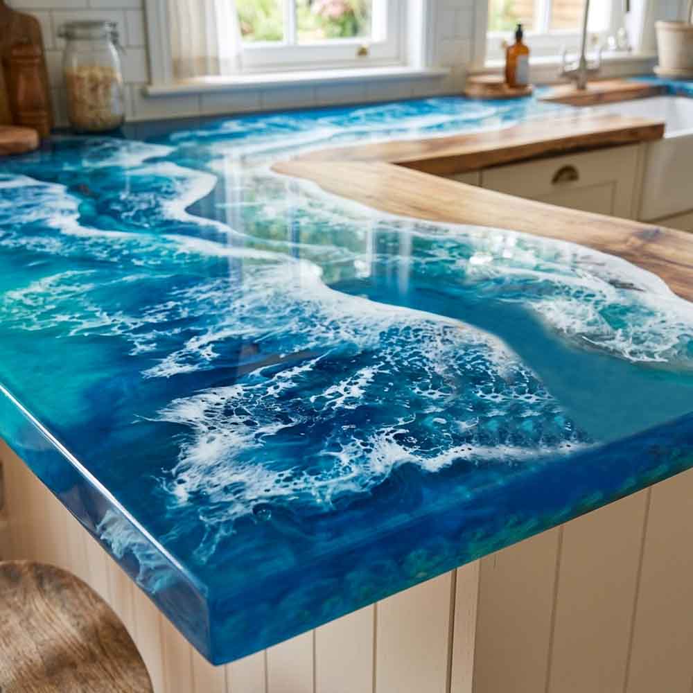 Custom Ocean Epoxy Resin Kitchen Countertop – 100% Solid Walnut | ECT-327 - Elitecustomtable