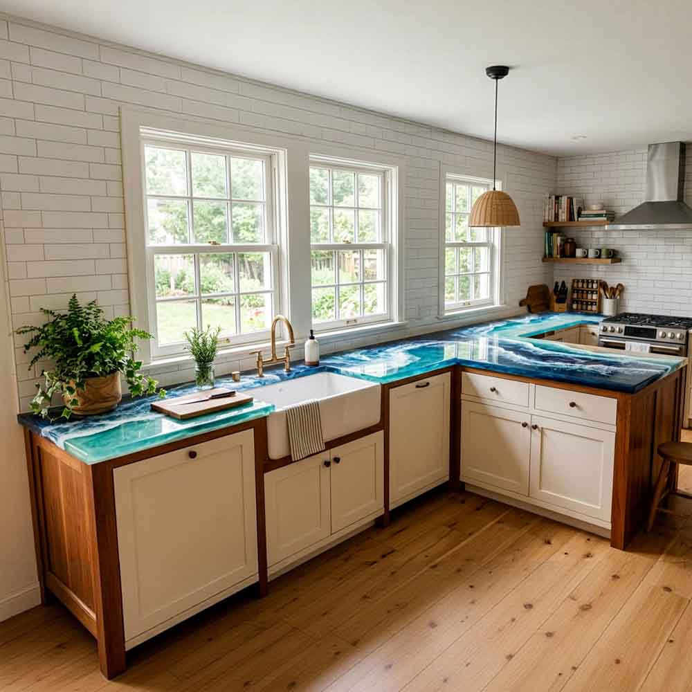 Custom Ocean Epoxy Resin Kitchen Countertop – 100% Solid Walnut | ECT-327 - Elitecustomtable