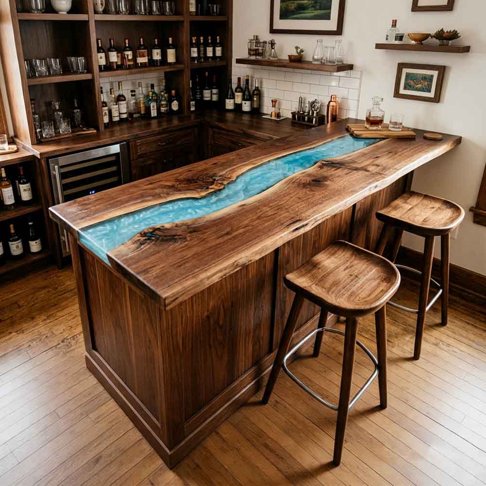 Custom Ocean Epoxy Resin Kitchen Island Countertop – 100% Solid Walnut | ECT-337 - Elitecustomtable