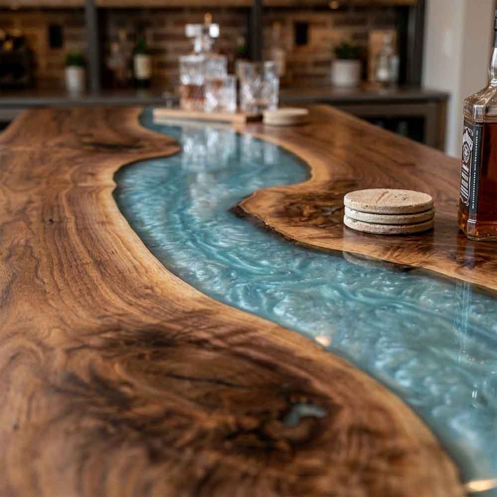 Custom Ocean Epoxy Resin Kitchen Island Countertop – 100% Solid Walnut | ECT-337 - Elitecustomtable