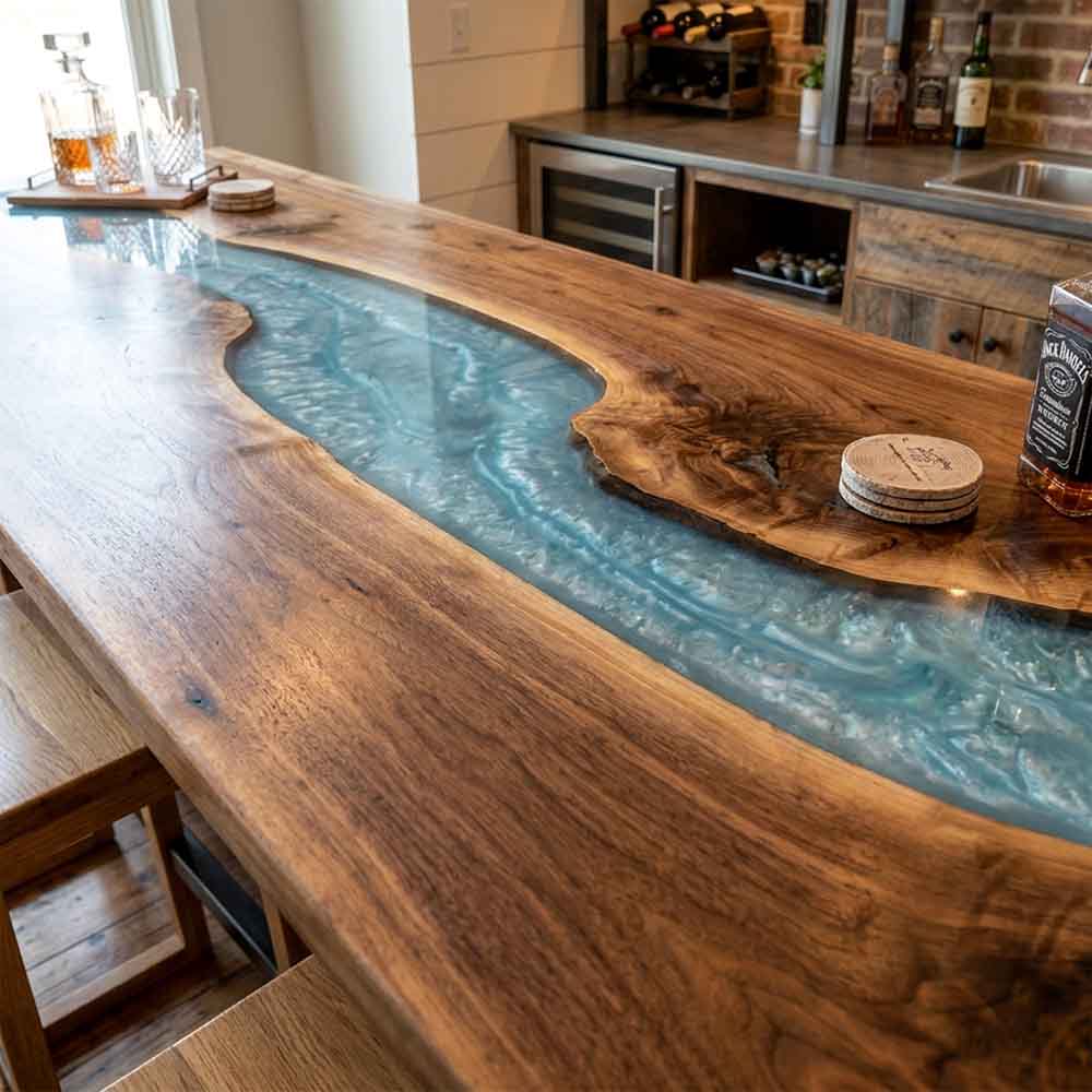 Custom Ocean Epoxy Resin Kitchen Island Countertop – 100% Solid Walnut | ECT-337 - Elitecustomtable