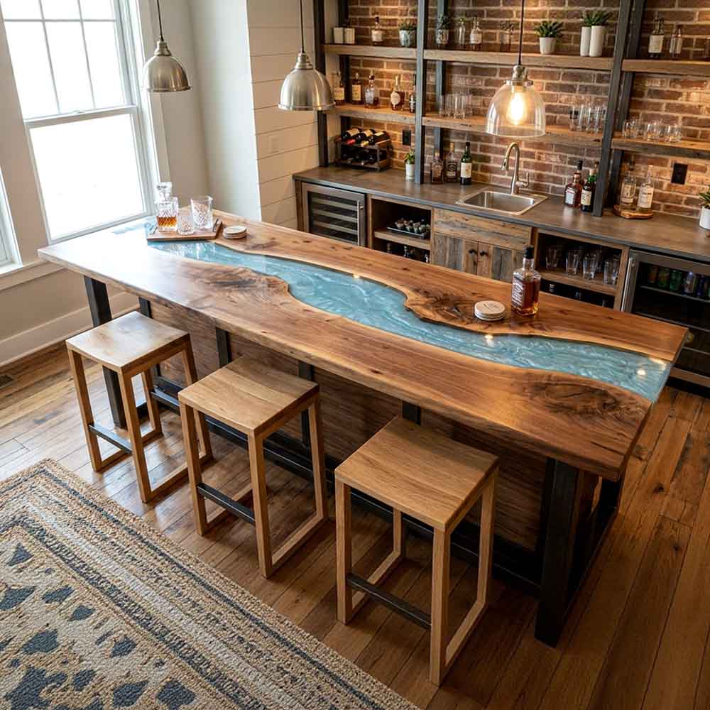 Custom Ocean Epoxy Resin Kitchen Island Countertop – 100% Solid Walnut | ECT-337 - Elitecustomtable