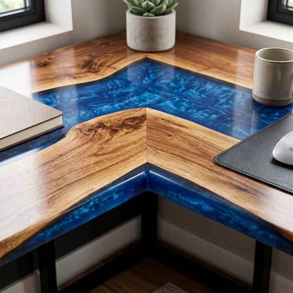 Custom Ocean Epoxy Resin L-Shaped Desk – 100% Solid Walnut | ECT-330 - Elitecustomtable