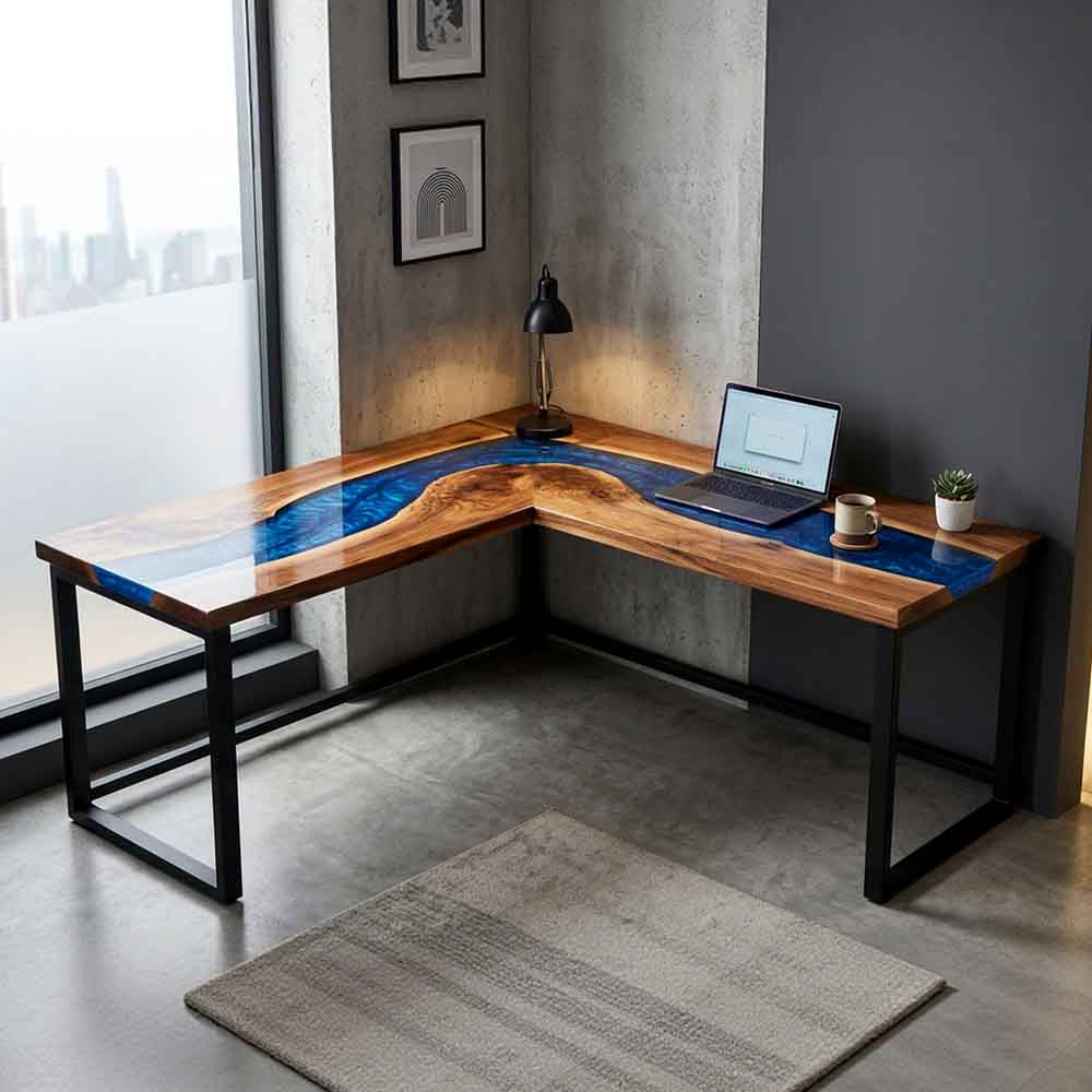 Custom Ocean Epoxy Resin L-Shaped Desk – 100% Solid Walnut | ECT-330 - Elitecustomtable