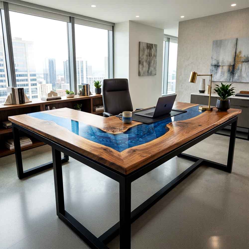 Custom Ocean Epoxy Resin L-Shaped Desk – 100% Solid Walnut | ECT-330 - Elitecustomtable