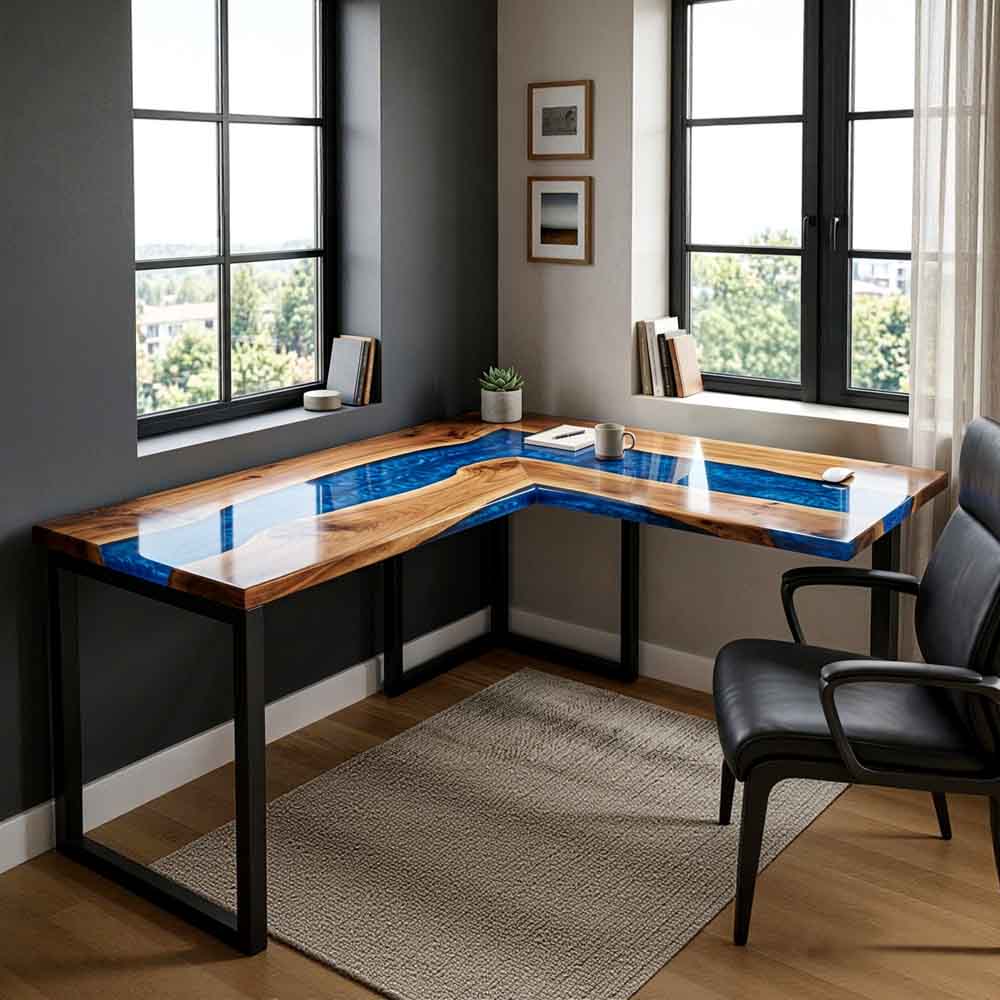 Custom Ocean Epoxy Resin L-Shaped Desk – 100% Solid Walnut | ECT-330 - Elitecustomtable
