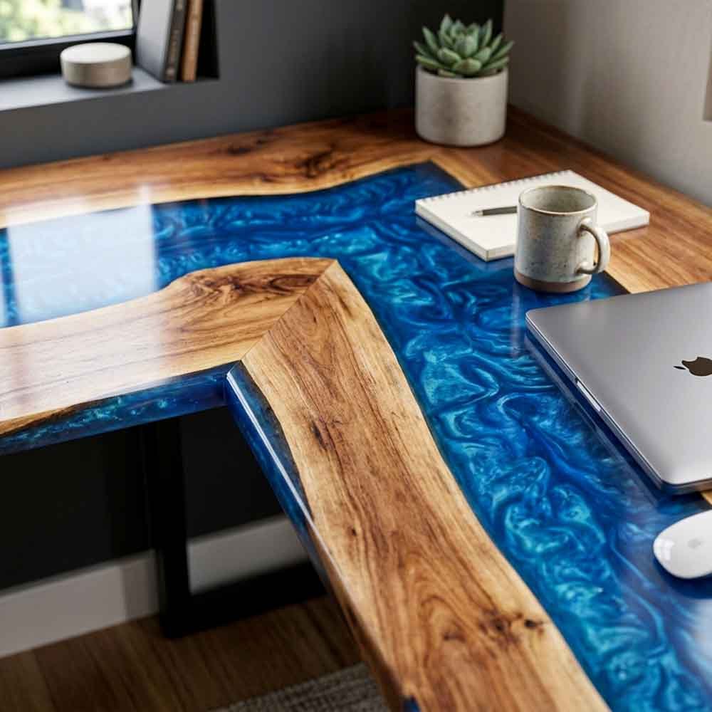 Custom Ocean Epoxy Resin L-Shaped Desk – 100% Solid Walnut | ECT-330 - Elitecustomtable