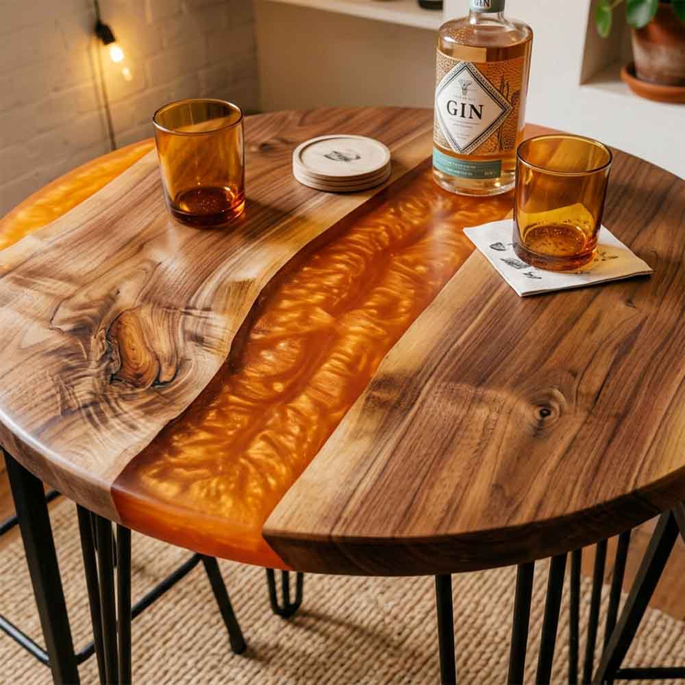 Custom Round Amber Epoxy Resin Home Bar Table – 100% Solid Walnut | ECT-346 - Elitecustomtable
