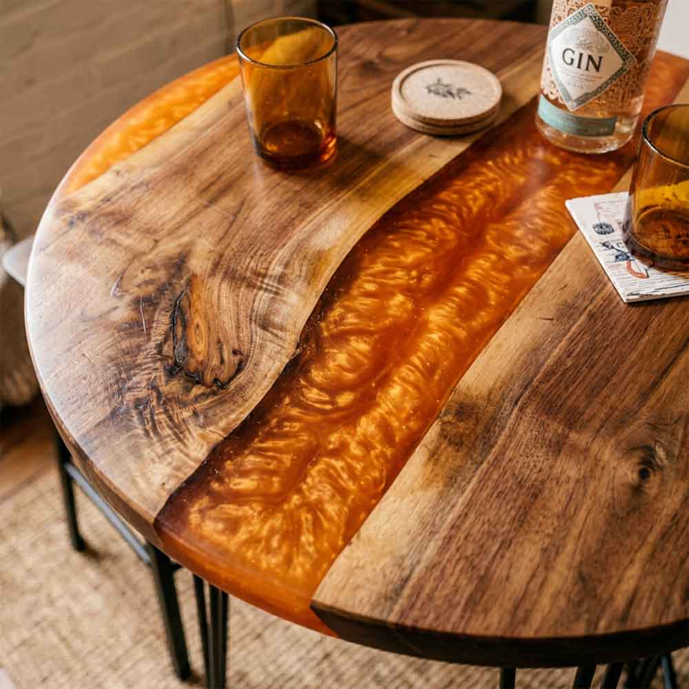 Custom Round Amber Epoxy Resin Home Bar Table – 100% Solid Walnut | ECT-346 - Elitecustomtable