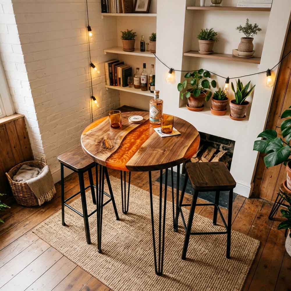 Custom Round Amber Epoxy Resin Home Bar Table – 100% Solid Walnut | ECT-346 - Elitecustomtable